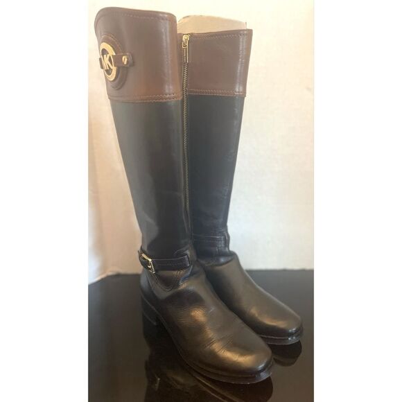 Michael Kors Fulton Harness Black Mocha Brown Leather Riding Boots Size 7 - Picture 1 of 13
